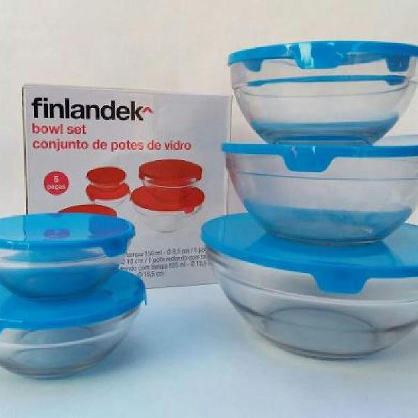 Conjunto de Potes Vidro 5 Peças com Tampa azul Finlandek