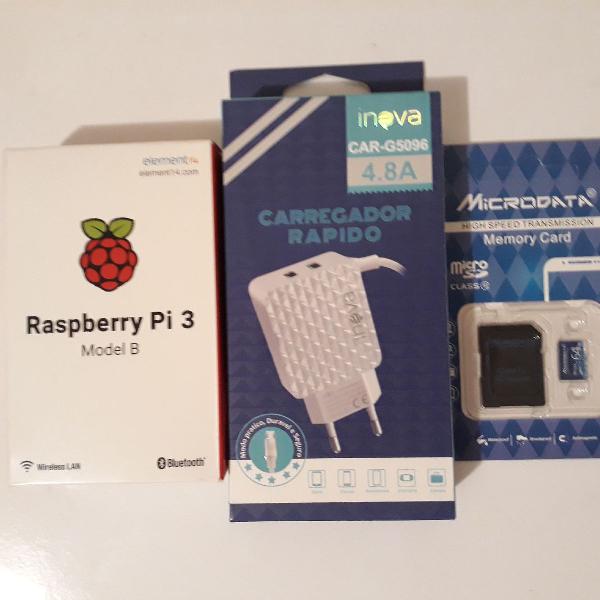 Raspberry Pi 3, com carregador 4.8A e micro SD 64 GB.