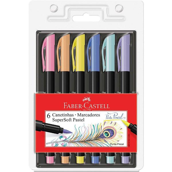 caneta pincel brush 6 cores pastel faber castell pt 6 un