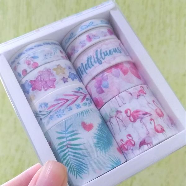 kit com 10 washi tapes flamingos