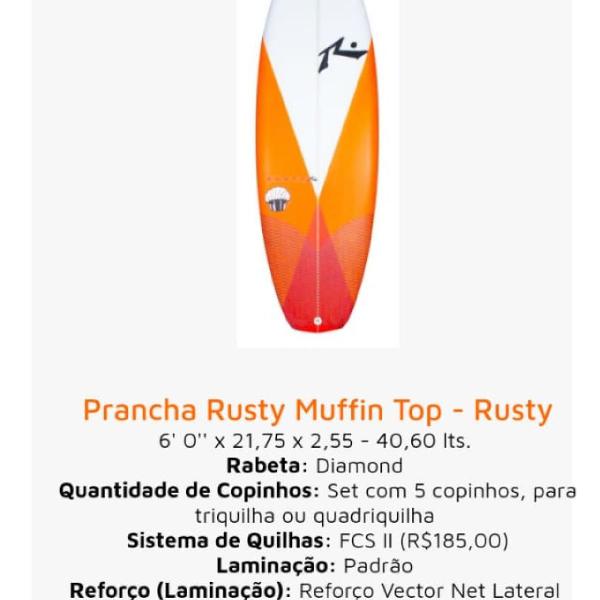Prancha de surf 6'0 rusty modelo muffin top com leash, capa