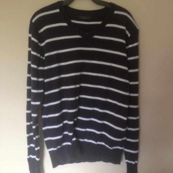 Blusa Cardigan Sueter Zara Navy Azul listras brancas gola V