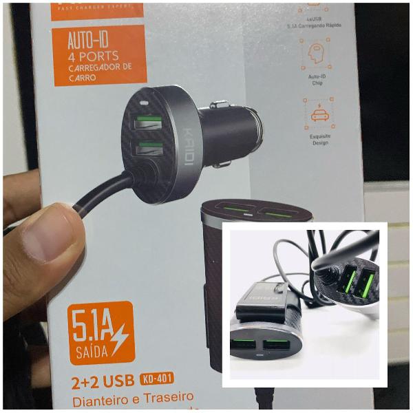 carregador turbo veicular 5.1 kaidi 4 saídas usb uber/taxi