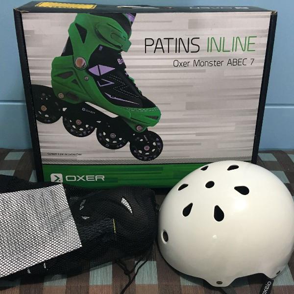 patins inline ajustável oxer + kit proteção