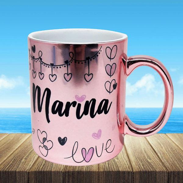 caneca cromado rose personalizado para corações amor