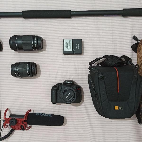 kit câmera T5i, microfone boom, tripé, monopé, lentes +