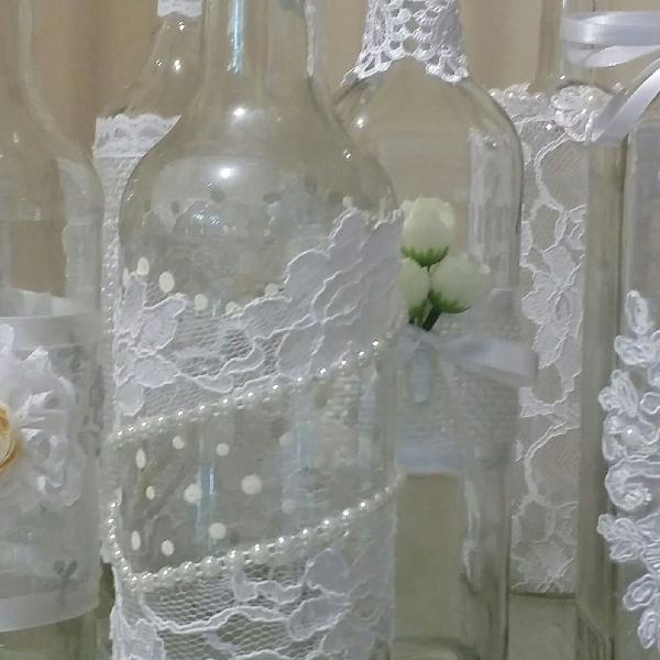 Garrafas decoradas enfeite de casamento centro de mesa