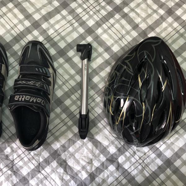kit bicicleta: capacete + sapatilha + bombinha