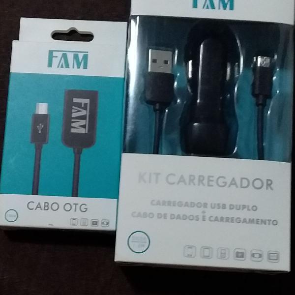 Kit carregador Usb duplo+ Cabo Otg