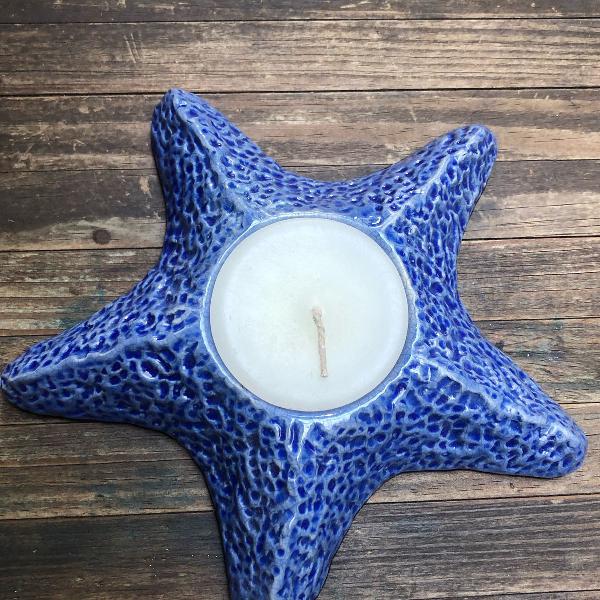 candelabro de mesa/ porta velas cerâmica azul estrela do