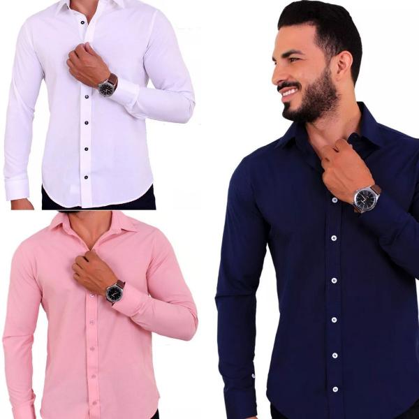 kit 3 camisas social masculina manga longa slim