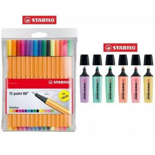 caneta stabilo c/15 + kit 6 marca texto pastel