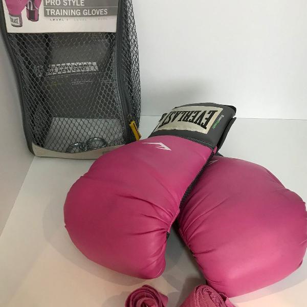 luva de boxe everlast + munhequeira rosa