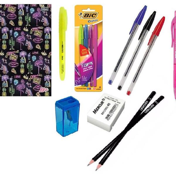 material escolar caderno tilibra caneta bic borracha kit