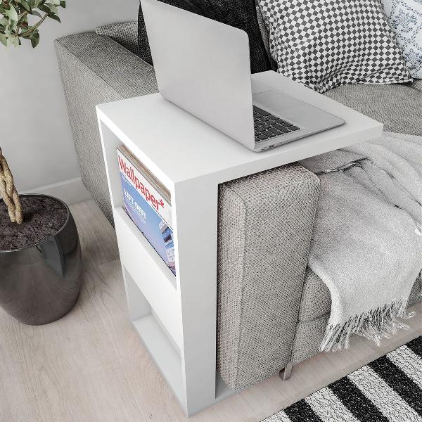 apoio de sofá para notebook com revisteiro para decoração