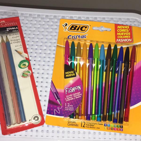 canetas coloridas bic cristal fashion novas cores + lápis