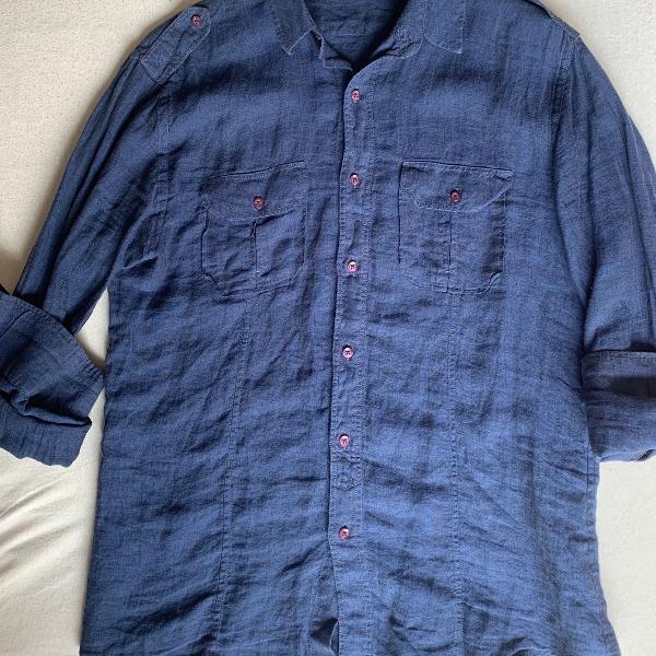 camisa linho crowford azul marinho