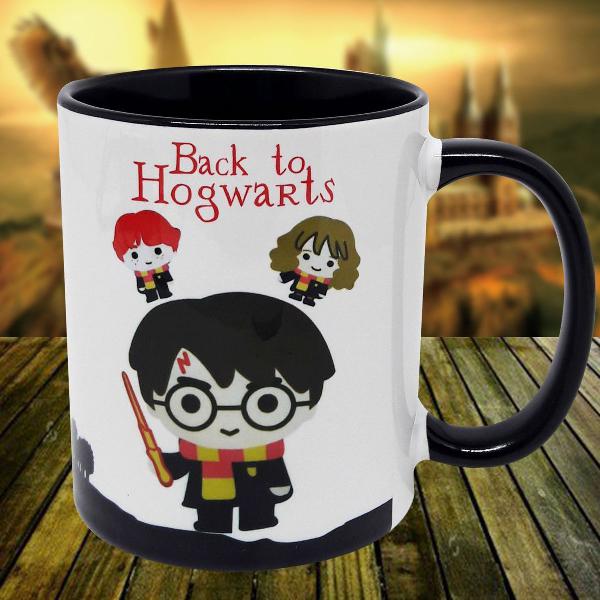 caneca preta personalizado harry potter back to hogwarts