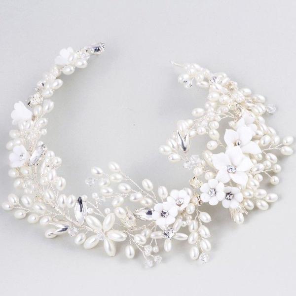 headband para noivas com pérolas, flores de porcelana fria,