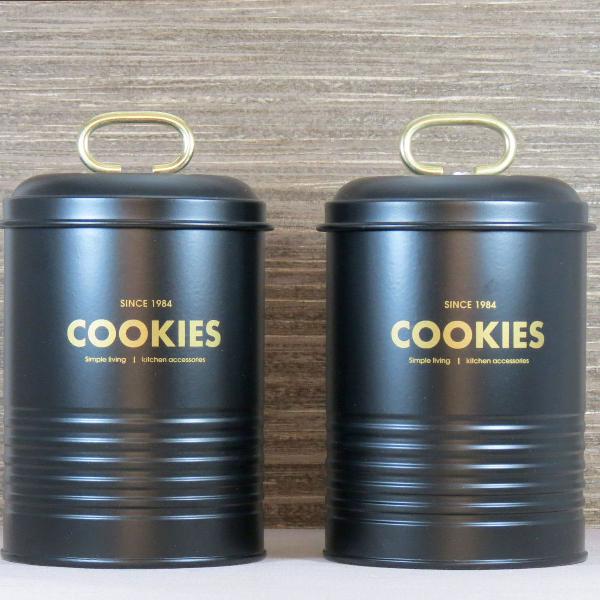 conj 2 latas porta biscoito cookies preto dourado luxo