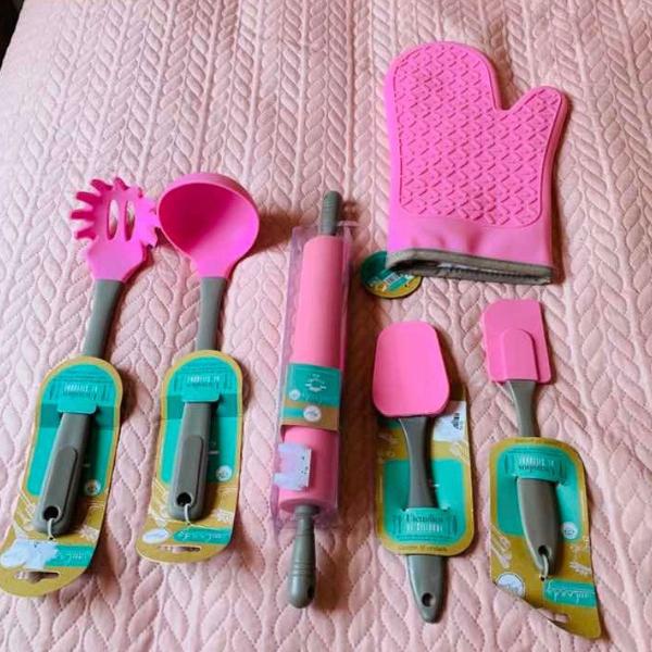 kit utensílios silicone candy rosa