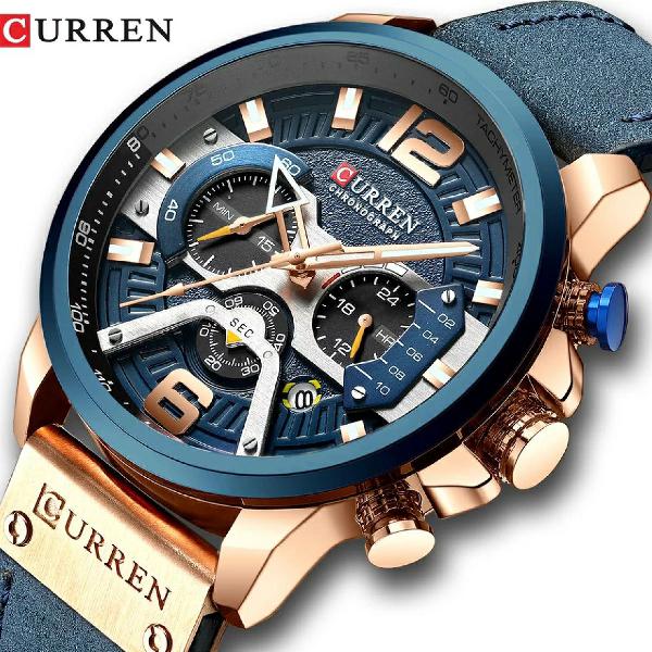 Relógio Curren - Casual luxo - pulseira couro - Azul