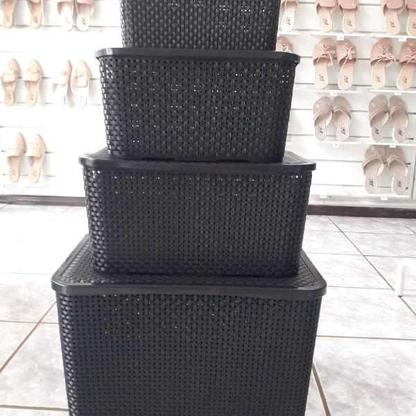 kit caixas Rattan 4 unidades preta 7, 15, 20 e 40 litros