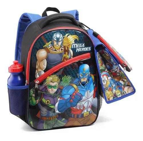 Kit Mochila Escolar Para Criança Infantil Mega Heroes