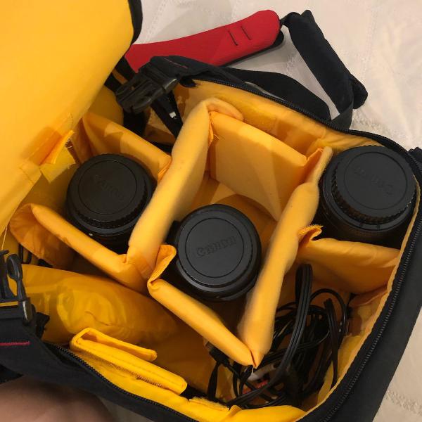 kit de mochila e lentes fotográficas canon