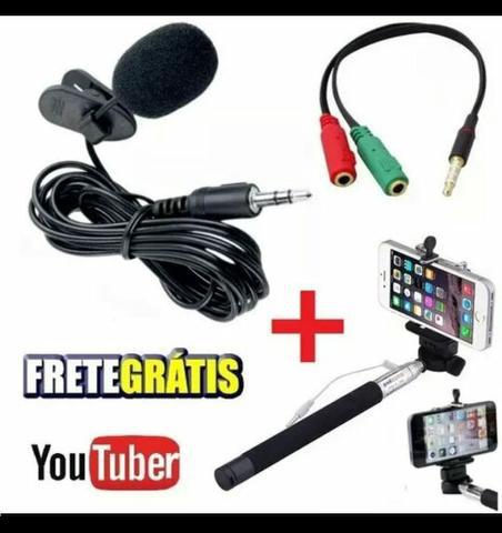 Bastão de selfie + microfone + adaptador(promoção