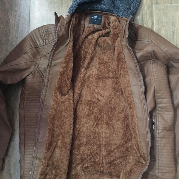 jaqueta couro marrom veludo capuz removível liquidação