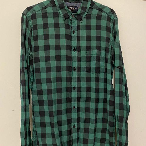 camisa xadrez pull&amp;bear verde e preta p