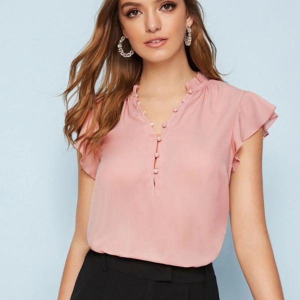 blusa rosa cavada com babados - botões- 100% poliéster
