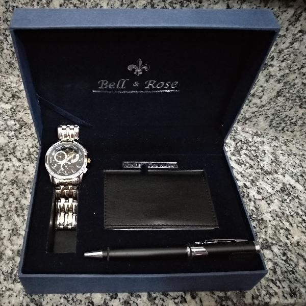 Kit Relógio Masculino + caneta + porta cartao