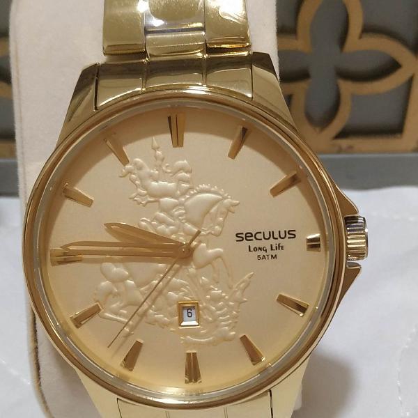 Relógio masculino seculus, novo, dourado, com imagem