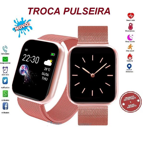 smartwatch gold rosê relógio inteligente passos coração