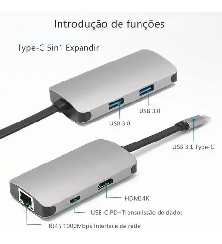 Adaptador Usb C Para Hdmi 4k, Hub Usb 3.0, Rj45, 5