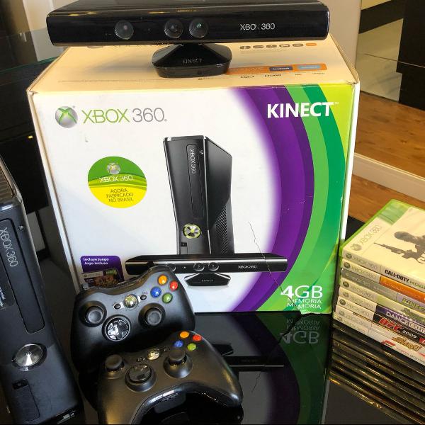 xbox 360 slim 4gb + 2 controles + kinect + 8 jogos