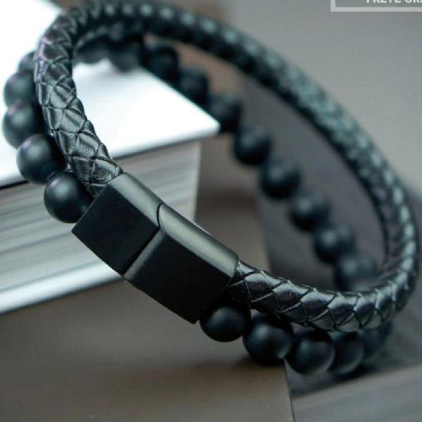 pulseira bracelete couro legítimo preta
