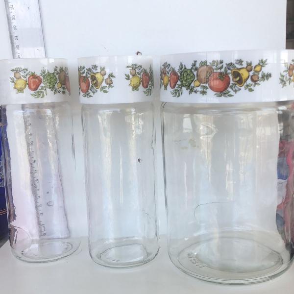 conjunto de 3 potes de vidro tampa decorada com frutas