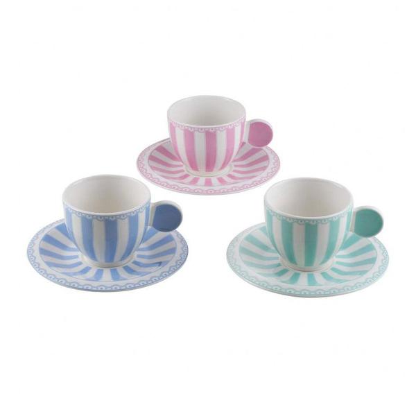 jogo 6 xícaras 200ml blue green and pink flat de porcelana