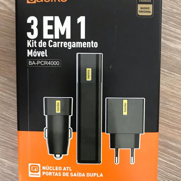 kit 3 in 1 power bank , carregador viagem e carregador