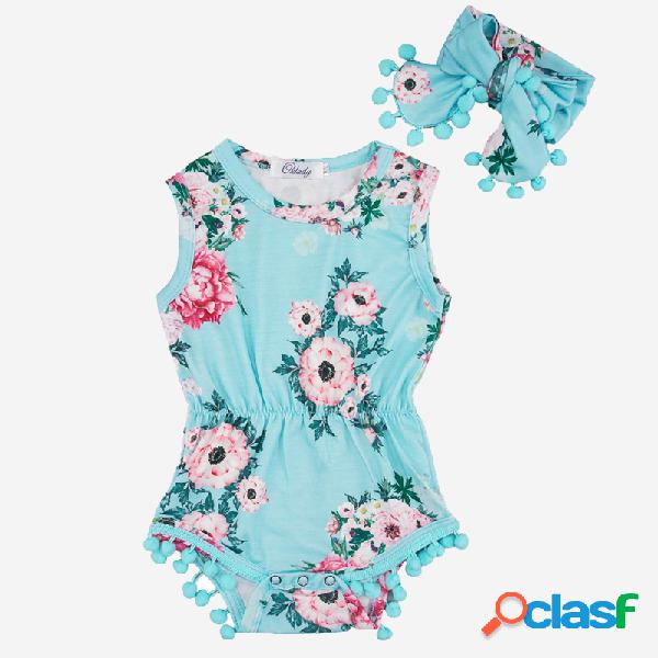 2PCs Baby Floral Print Rompers Casual + Headwear Para 6-24M