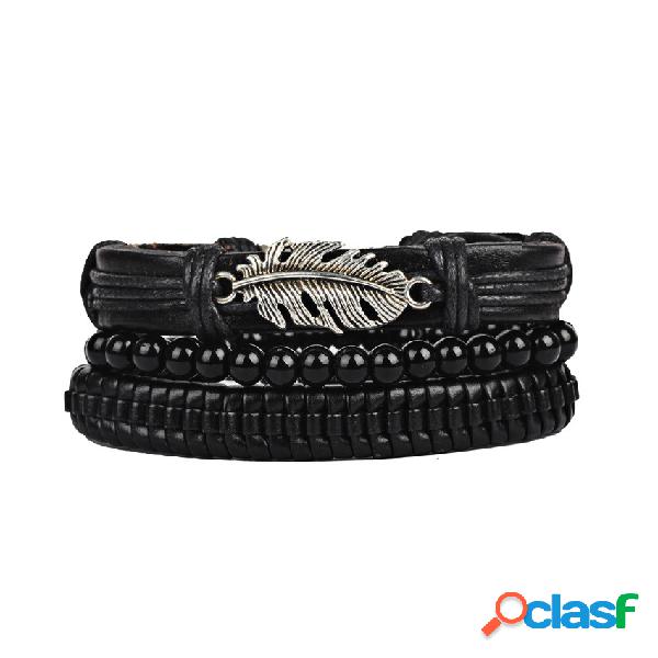 3 Pçs / set Punk Preto Multicamadas Woven Pulseira De Couro
