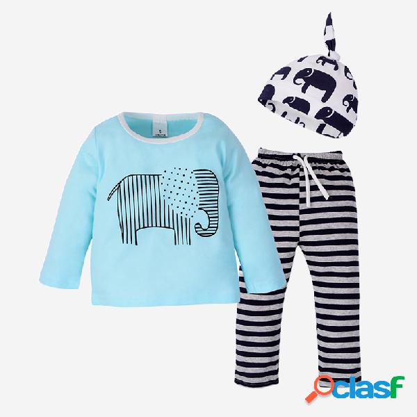 3PCs Bebê Elefante Impressão Listrado Conjunto de roupas