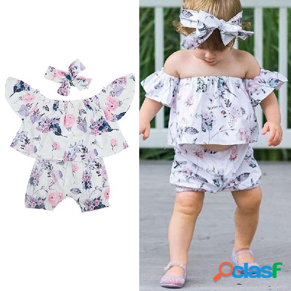 3Pcs Meninas Floral One-Line Collar Clothing Set Para 0-24M