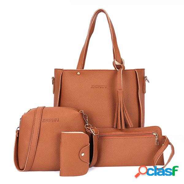 4 PCS Women PU Leather Handbag Tassel Leisure Crossbody