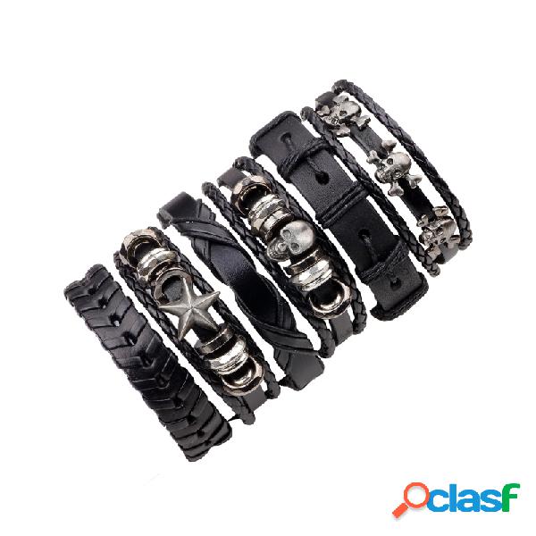 6 Pçs / set Multicamadas Pulseira De Couro Do Crânio Do