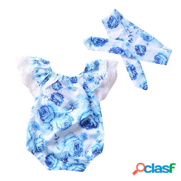 A flor azul imprimiu o romper dos bebês com Headwear para