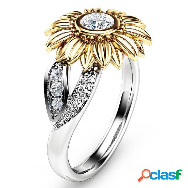 Anel Elegante Feminino de Óxido Platina Girassol Dourado
